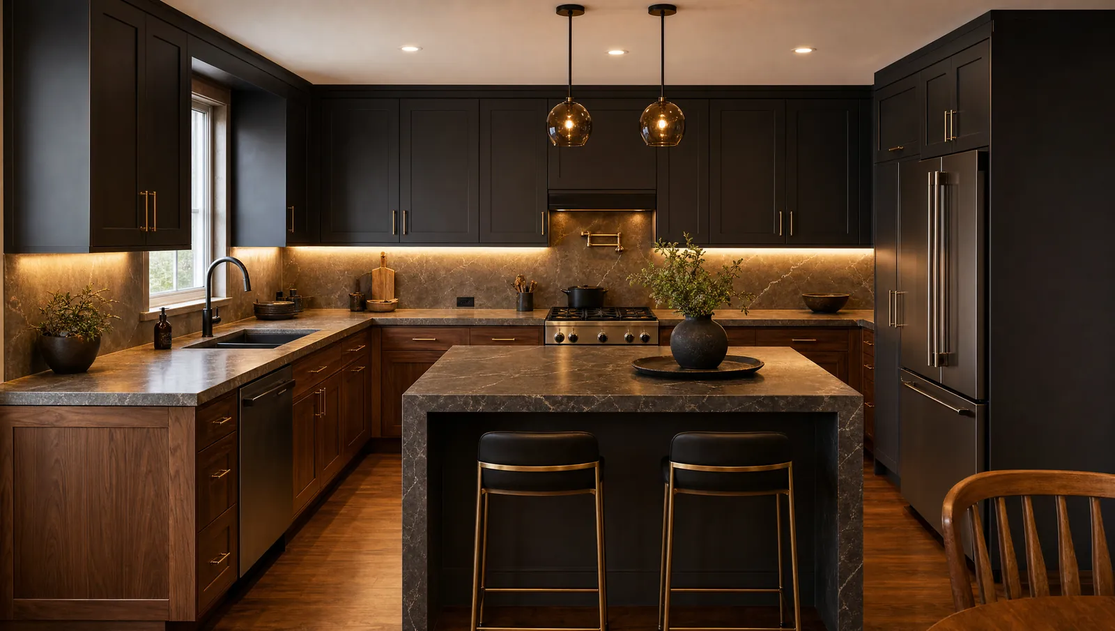The same kitchen after remodel — custom charcoal and walnut cabinetry, full stone island, warm gold accent lighting